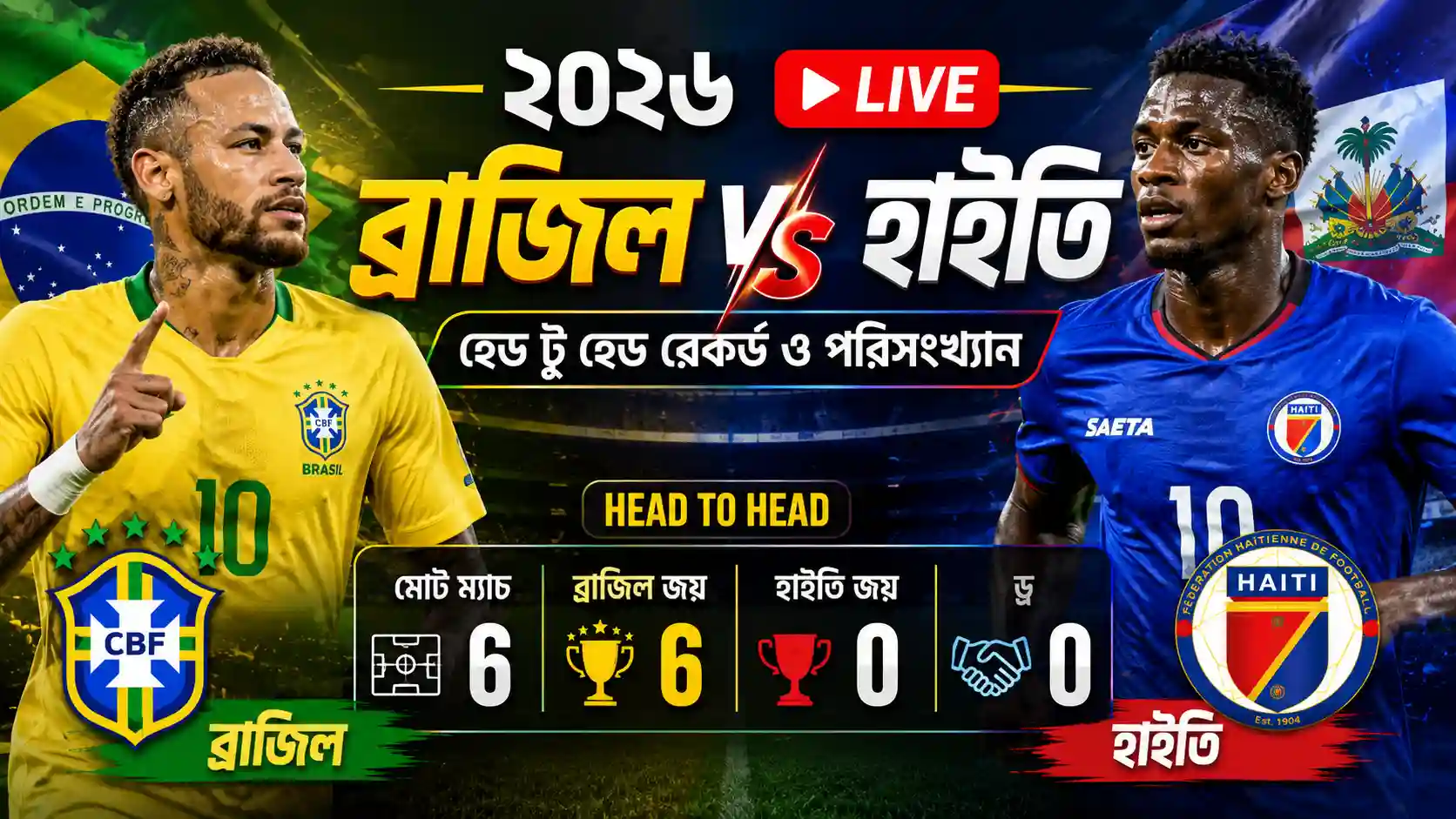 ব্রাজিল বনাম হাইতি ২০২৬ লাইভ, হেড টু হেড রেকর্ড ও পরিসংখ্যান | Brazil vs Haiti Head to Head Record