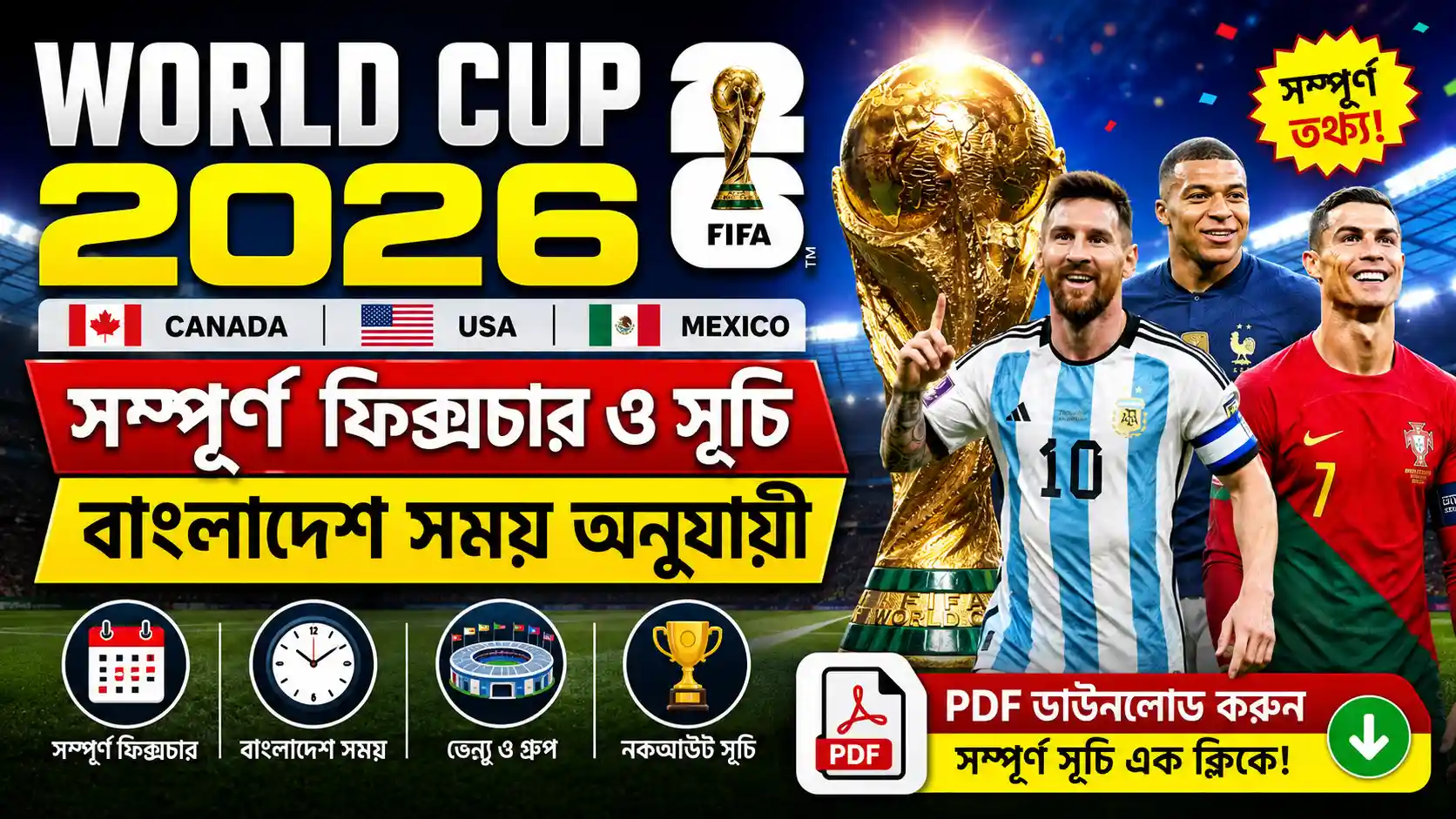 ফিফা বিশ্বকাপ সময়সূচী ২০২৬ বাংলাদেশ সময় অনুযায়ী সম্পূর্ণ World Cup 2026 Fixture, Schedule ও PDF তথ্য